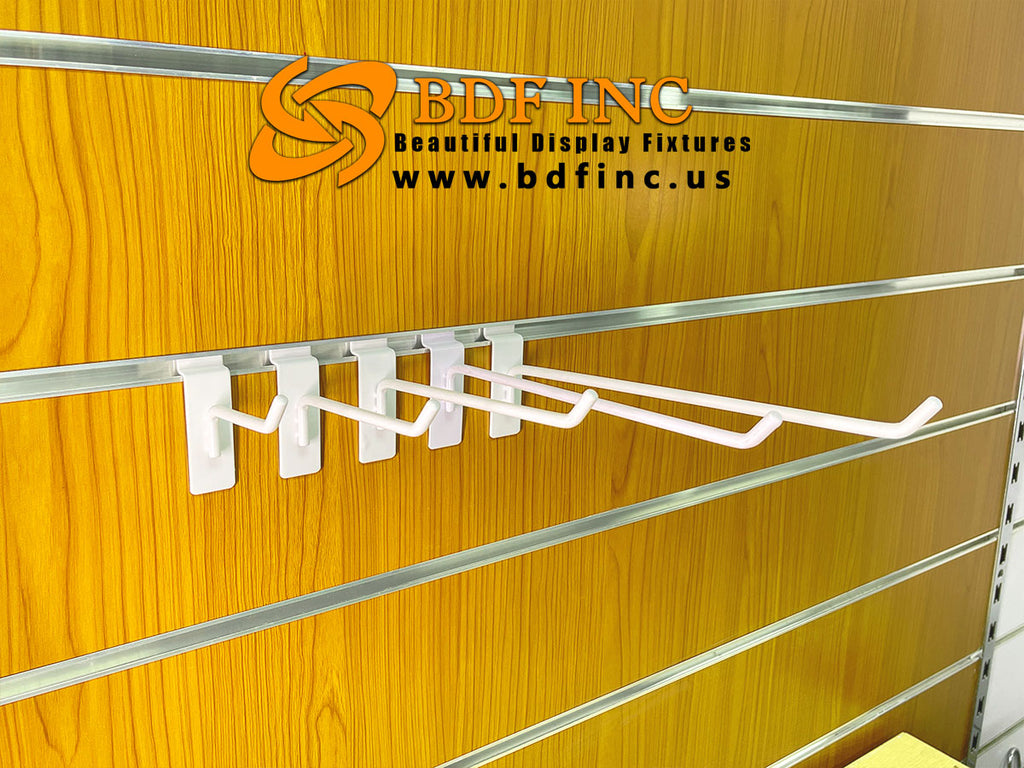 Close-up detail of 8 inch white slatwall hook showing 45-degree secure upturn design