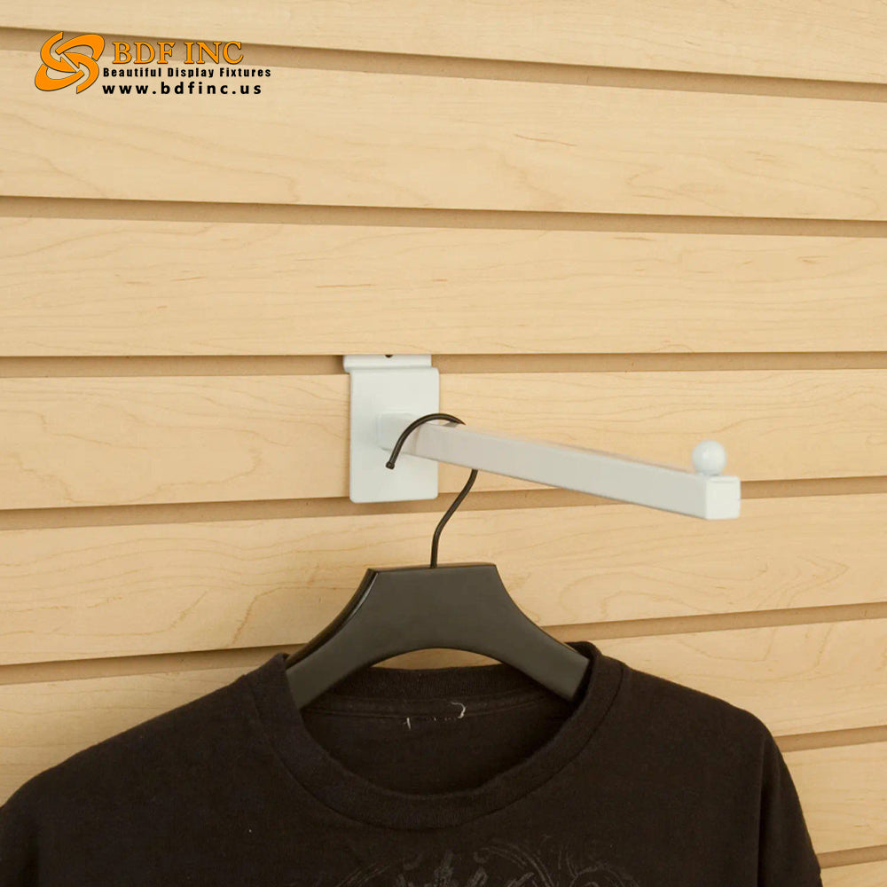 Close-up detail of white square tube display arm showing ball stop security